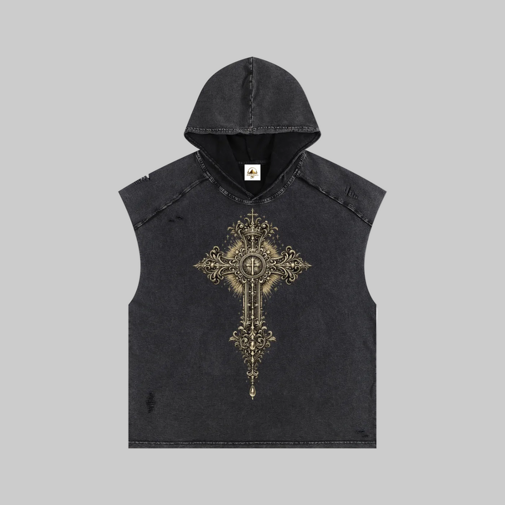 Holy Drip Snow Washed Boxy Hooded Tank Top Black - AMMOR & Co