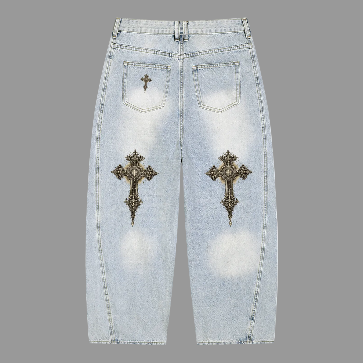 Holy Drip Cross Denim Barrel Leg Jeans back view - AMMOR & Co
