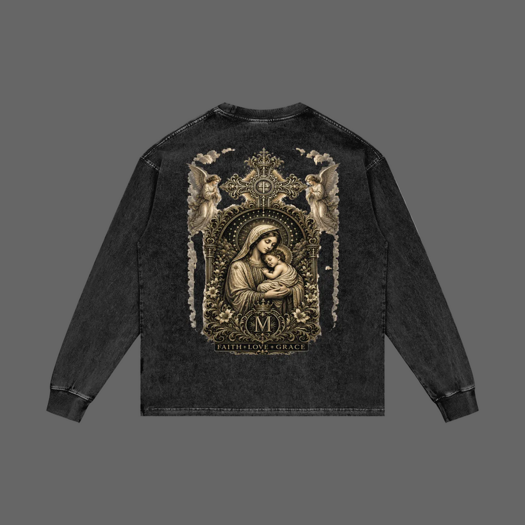 Holy Drip Acid Wash Oversized Long Sleeve Tee Black - AMMOR & Co