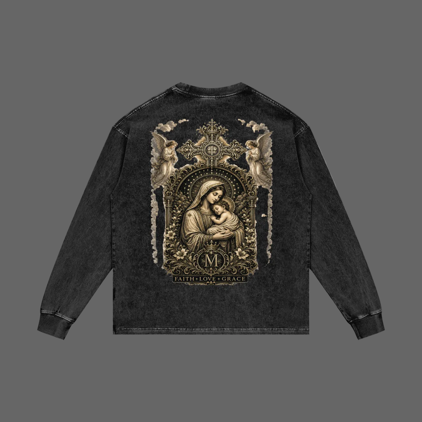 Holy Drip Acid Wash Oversized Long Sleeve Tee Black - AMMOR & Co