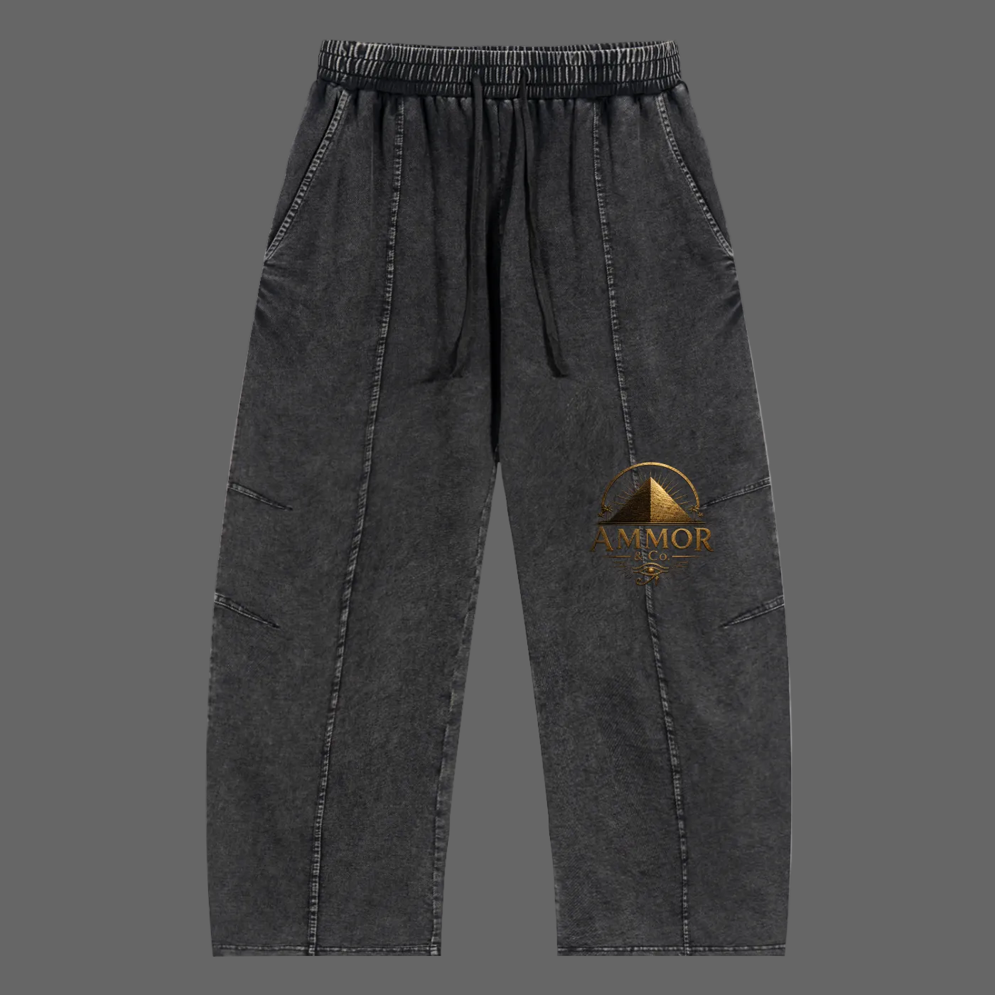 AMMOR&CO. Gold Pyramid Mineral Wash Joggers in black — front view, luxury streetwear Season I