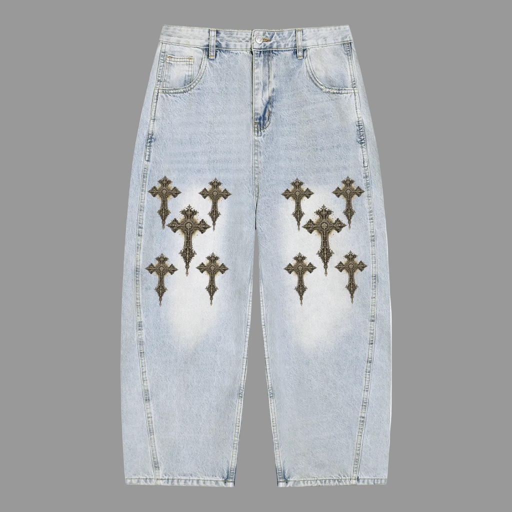 Holy Drip Cross Denim Barrel Leg Jeans Light Blue - AMMOR & Co