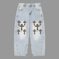 Holy Drip Cross Denim Barrel Leg Jeans Light Blue - AMMOR & Co