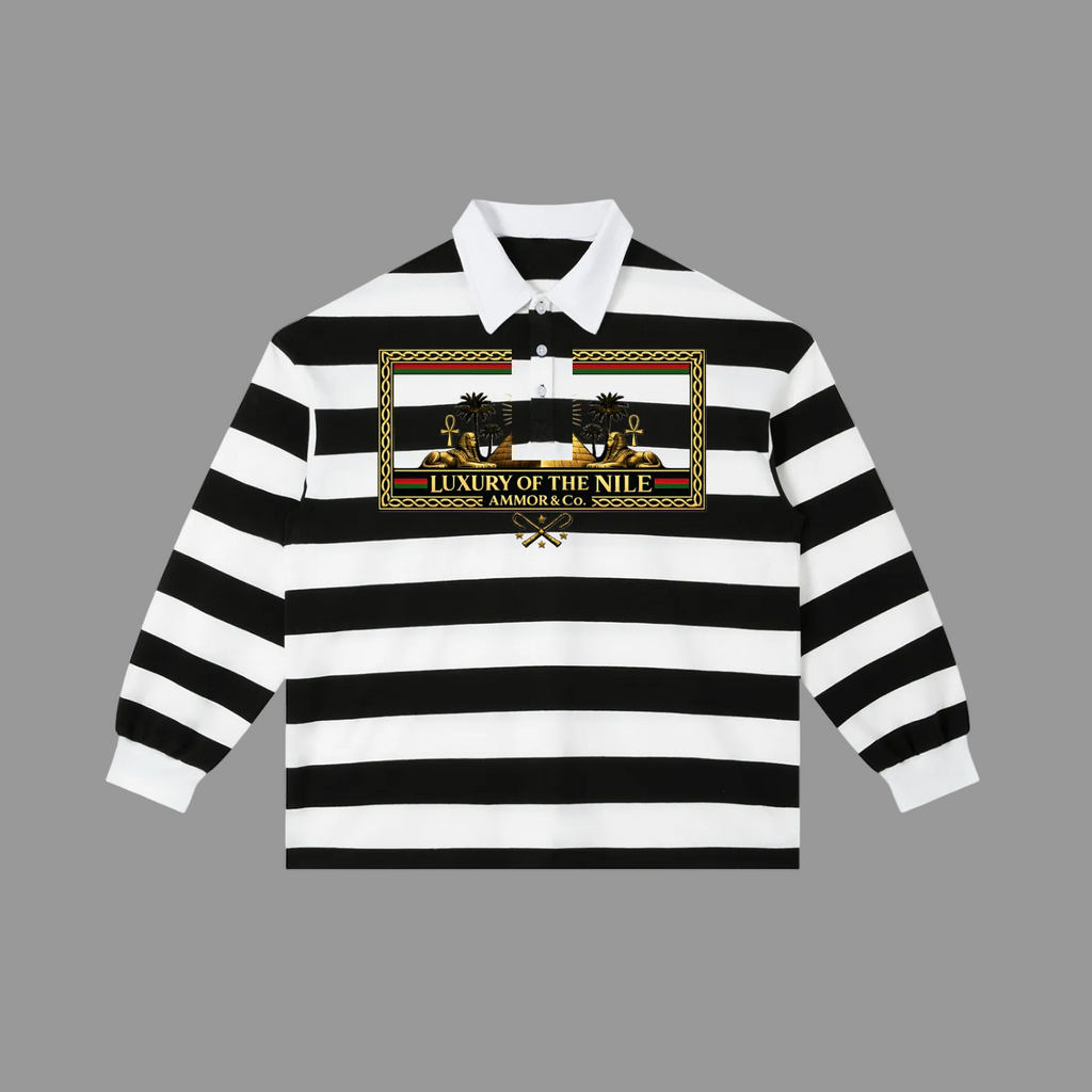 Luxury of the Nile Rugby Stripe Long Sleeve White Black - AMMOR & Co
