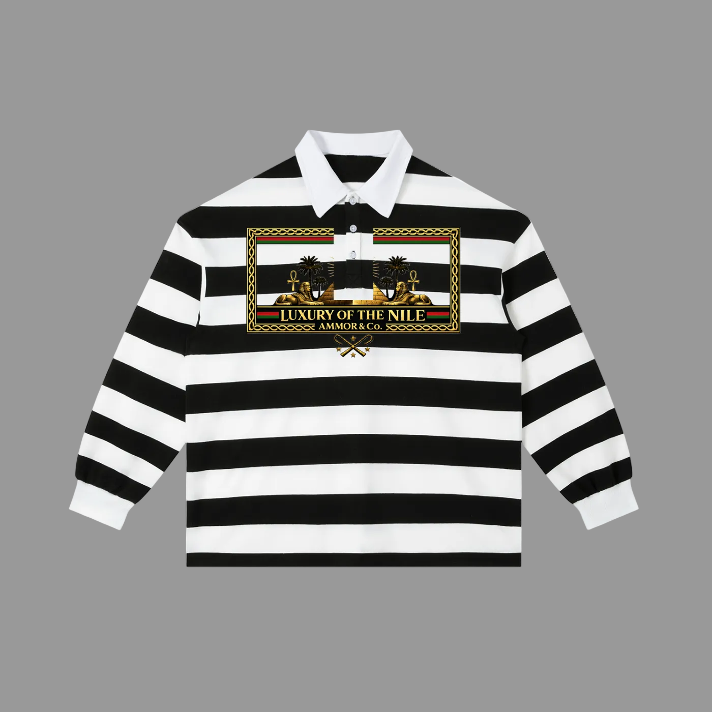 Luxury of the Nile Rugby Stripe Long Sleeve White Black - AMMOR & Co