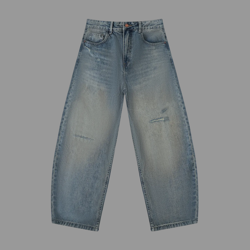 Holy Drip Distressed Barrel Leg Jeans Blue - AMMOR & Co