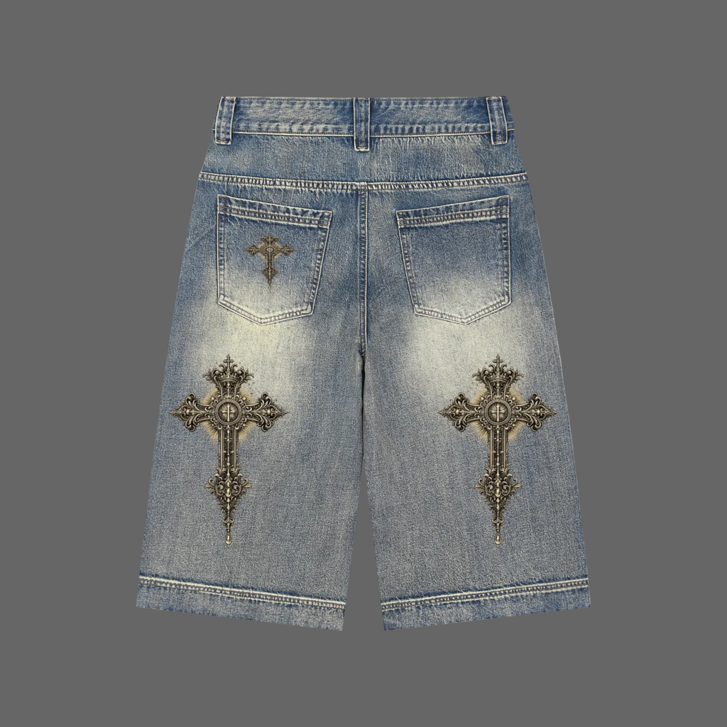 AMMOR Cross Denim Shorts back view - AMMOR & Co