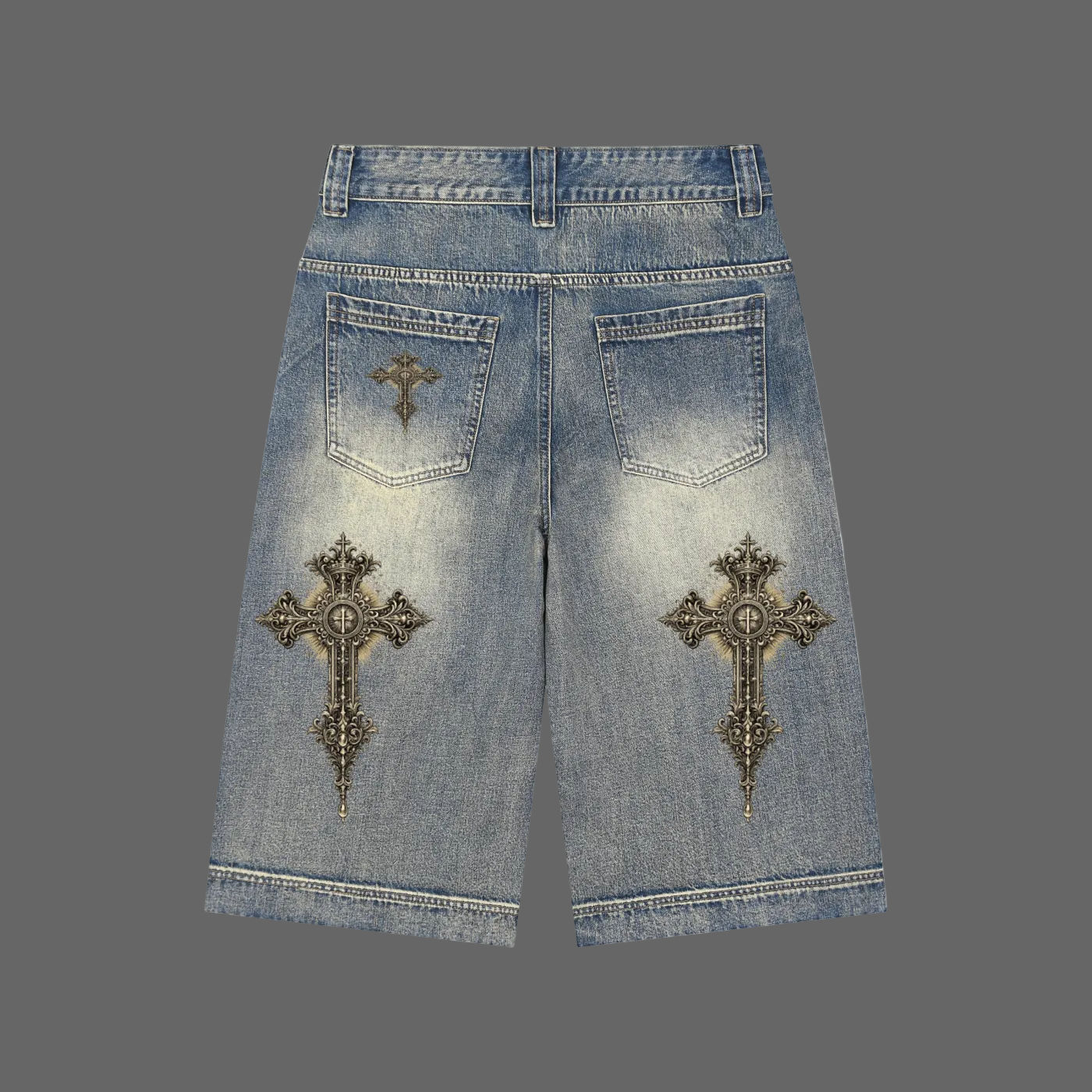 AMMOR Cross Denim Shorts back view - AMMOR & Co